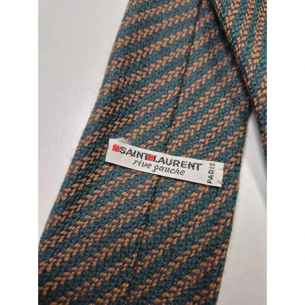 Vintage Saint Laurent Tie Mens One Size Green Striped 100% Wool Made In England